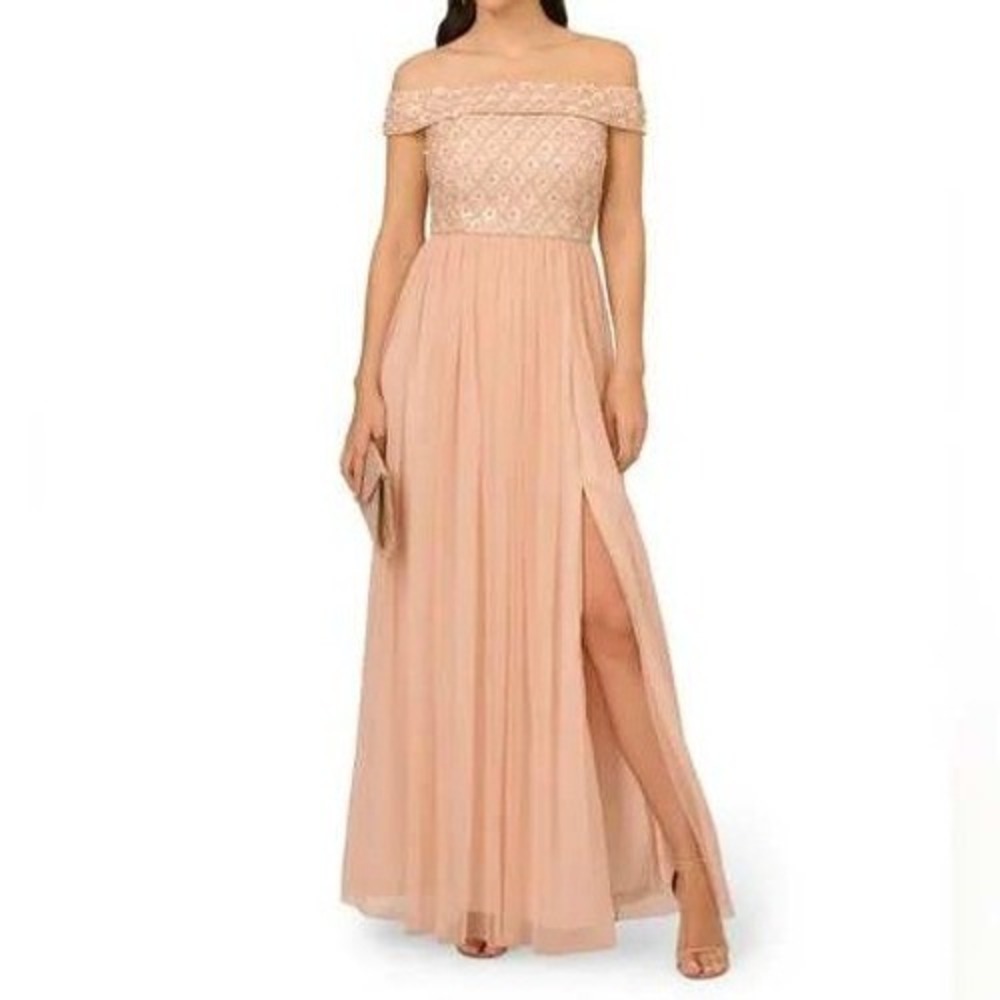 Adrianna Papell Women's Pink Beaded Off The Shoulder Gown‎ Dress Size 12